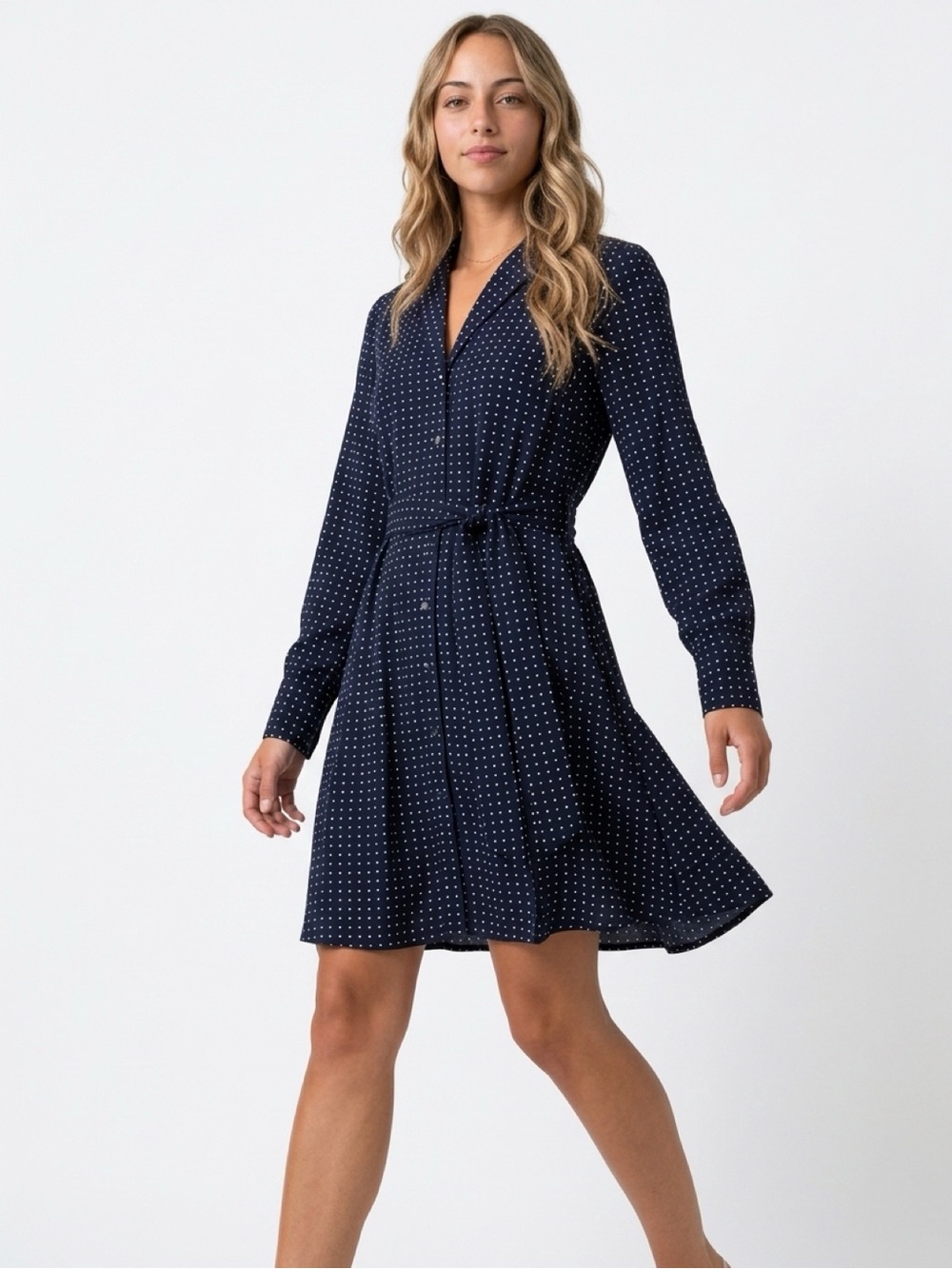 Long-Sleeve Navy Polka Dot Tie-Waist Dress